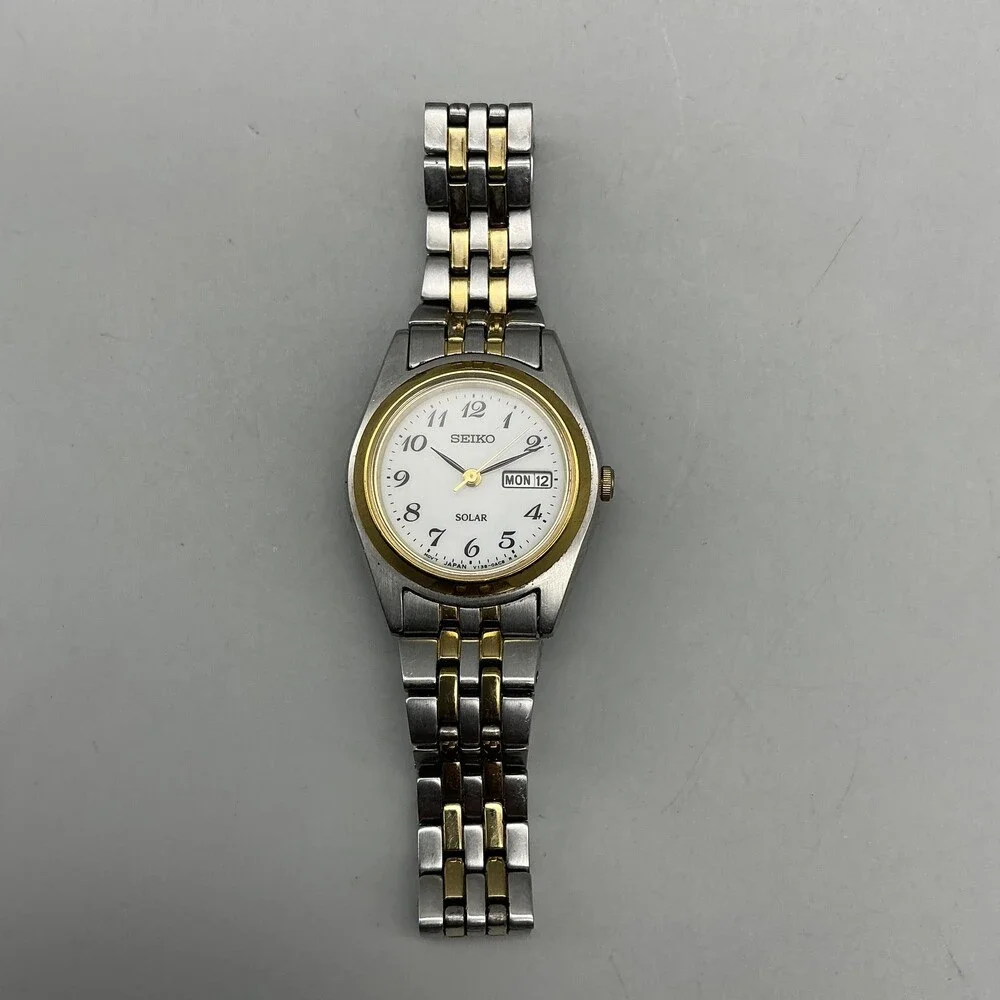 Seiko Solar Womens Watch 25mm V138-0AA0 Two Tone Day Date Bracelet 6.5